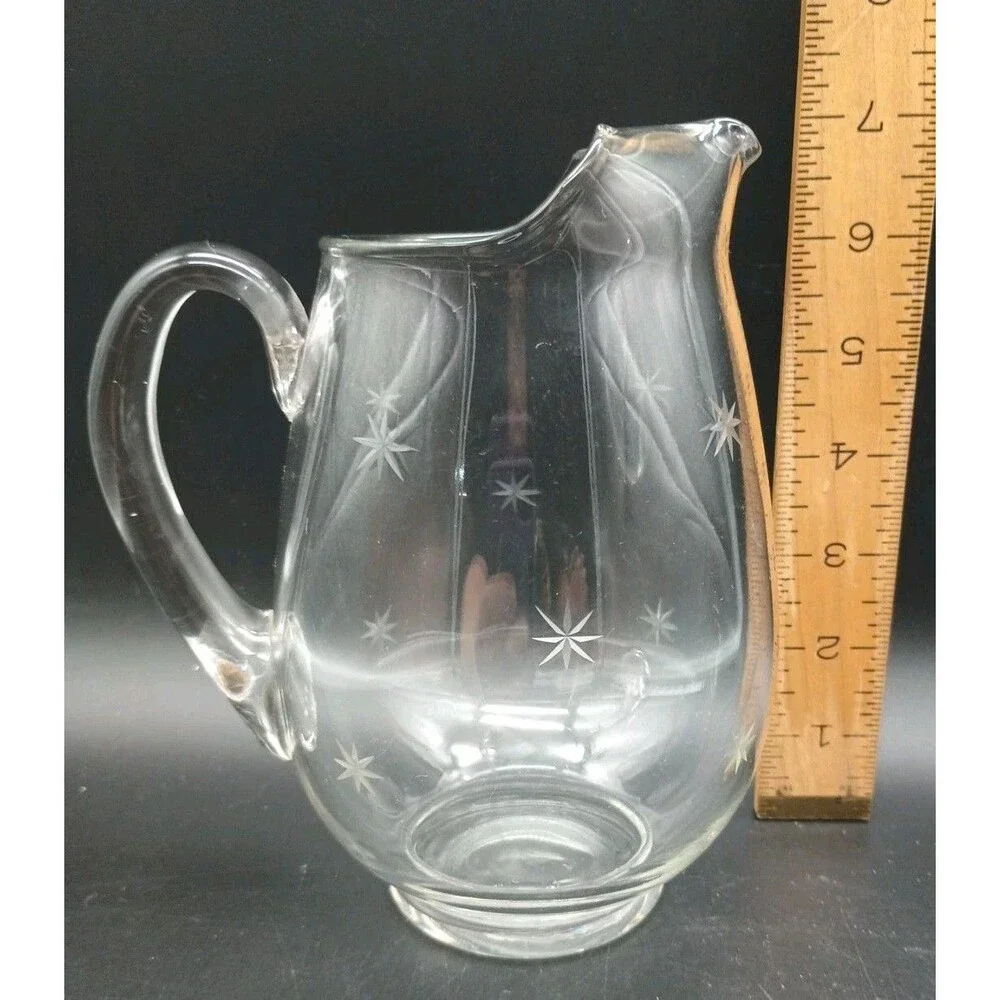 Vtg Atomic Star Burst Etched Glass Pitcher Ice Lip Mcm Star Dust